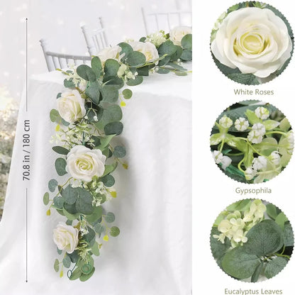 180cm Artificial Eucalyptus Garland with White Flowers for Home Festival Wall Hanging Garden Wedding Backdrop Arch Party Deco