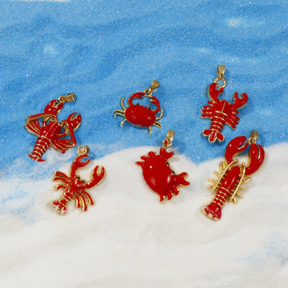 2 PCs Brass Ocean Series Lobster Jewelry Pendants 18K Gold Plated Red Enamel Crab Charms With Buttons For Necklace DIY Findin