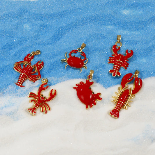2 PCs Brass Ocean Series Lobster Jewelry Pendants 18K Gold Plated Red Enamel Crab Charms With Buttons For Necklace DIY Findin