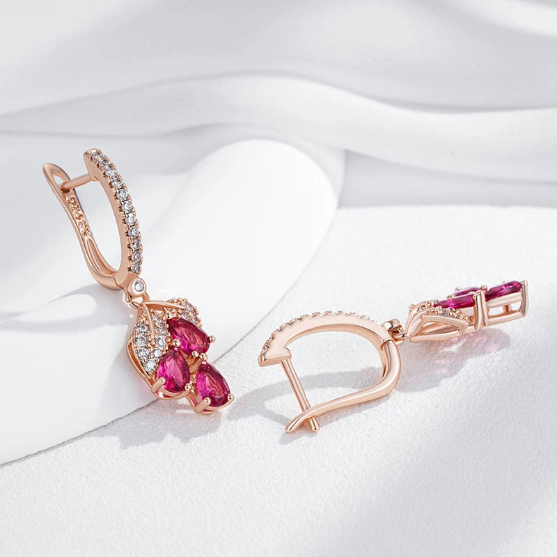 Wbmqda Red Pomegranate Flower Long Drop Earrings For Women 585 Rose Gold Color Luxury Elegant Zircon Jewelry Accessories