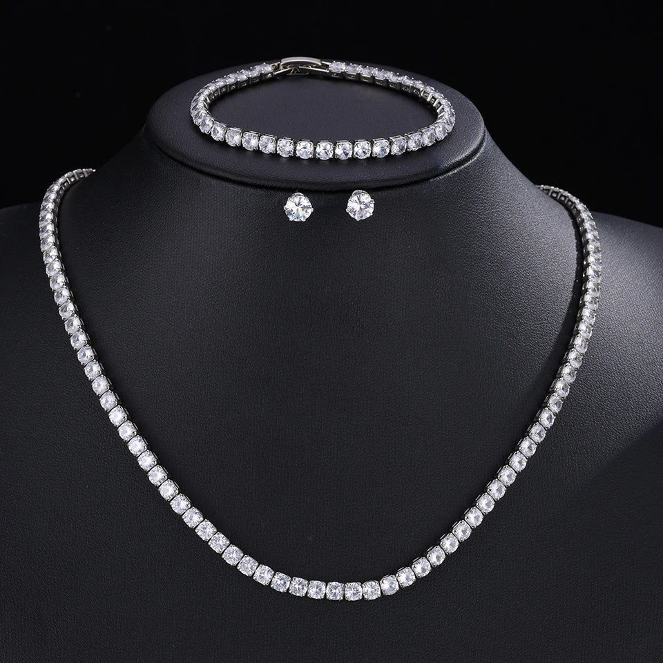 ZAKOL Gorgeous Buling AAA Clear Round Cubic Zirconia Wedding Bridal Necklace Earrings Party Jewelry Set for Women - Sliver Co