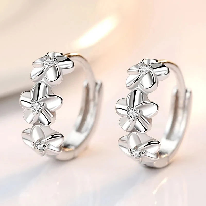 925 Sterling Silver Needle Earrings for Women's Wedding Fashion Jewelry Crystal Zircon Flower Cute Stud