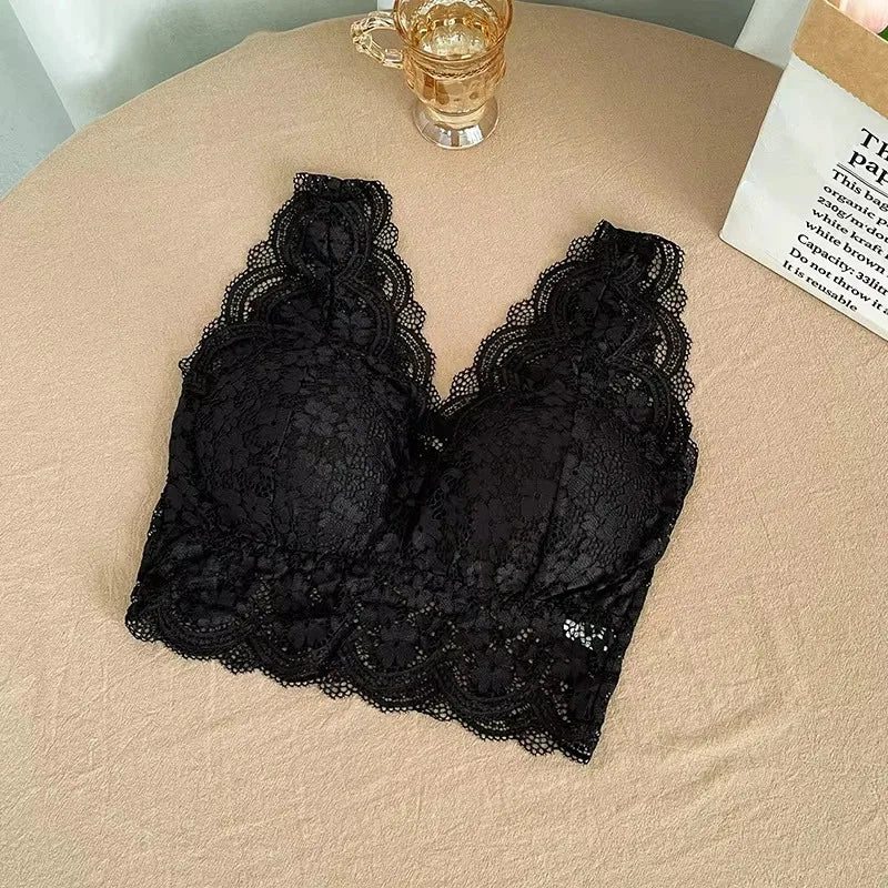Lace Bras Top Women Deep V Neck Sexy Lingerie Wire Free Bra Tank Tops Female Underwear V Back Bralette Padded Camisole - Blac