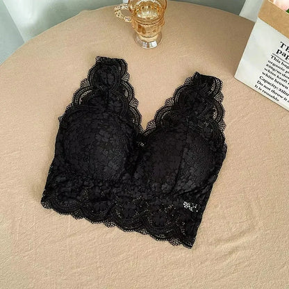 Lace Bras Top Women Deep V Neck Sexy Lingerie Wire Free Bra Tank Tops Female Underwear V Back Bralette Padded Camisole - Blac