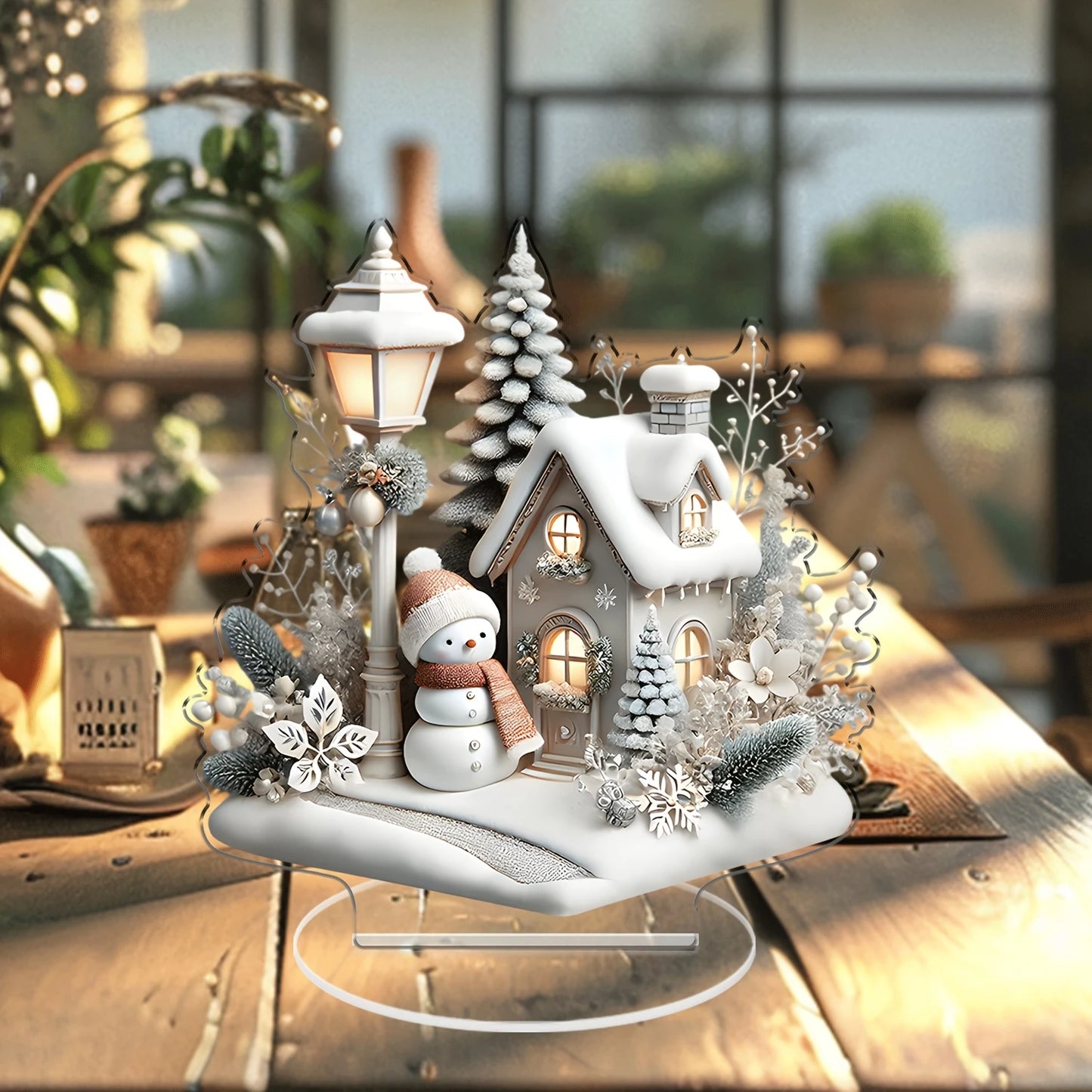2D White Snow Scenery Christmas House Tree Acrylic Ornaments Base-Mounted Tabletop Home Office Attractive Festival Decor Gift