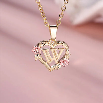 Female A-Z Letter Flower Pendant Necklace Yellow Gold Color Wedding Jewelry Gift For Women - W