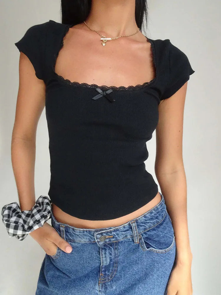 y2k Vintage Baby Tee Cottage Lace Trim Knitted T-Shirt Summer Square Neck Short Sleeve Tee Shirt Women White Milkmaid Crop To