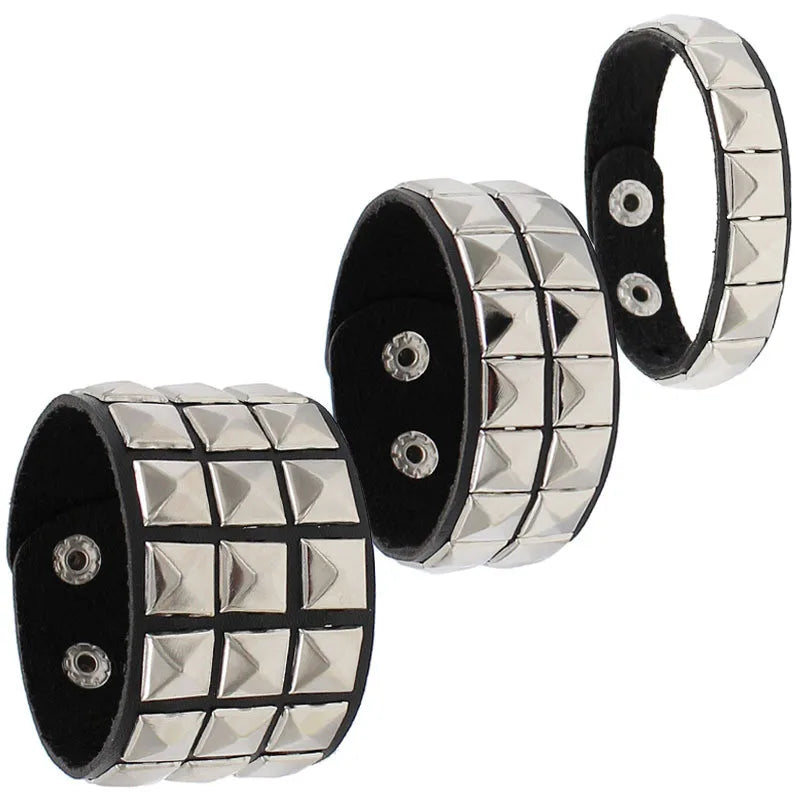 2023 New Gothic Punk PU Leather Bracelet 3 Row Cuspidal Spikes Rivet Chains Bracelet For Women Men' Friends Jewelry