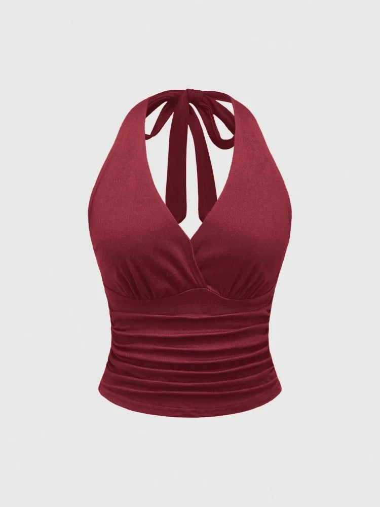 Solid V-neck Backless Halter Crop Top for Women Summer Sexy Y2K Sleeveless Ruched Top Streetwear - Claret / L