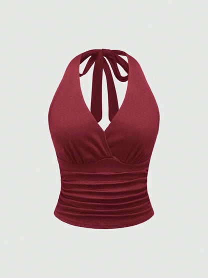 Solid V-neck Backless Halter Crop Top for Women Summer Sexy Y2K Sleeveless Ruched Top Streetwear - Claret / L