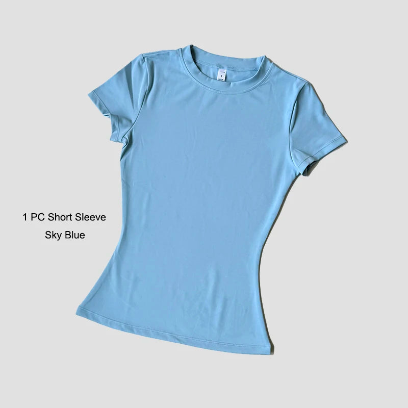 Women Yoga Top Seamless Sport T Shirts Fitness Clothes Short Sleeve Yoga Shirt Gym Top Running Active Wear - SkyBlue / M