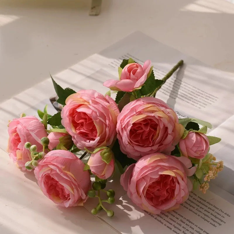 30cm Rose Pink Silk Bouquet Peony Artificial Flower 5 Big Head 4 Small Bud Bride Wedding Home Decoration Artificial Flower - 