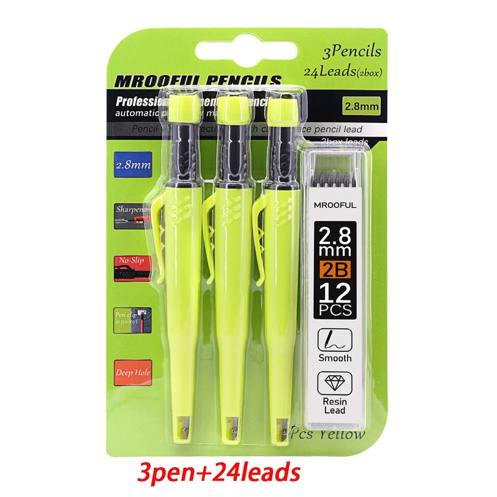 Professinonal Carpenter's Pencil Card Set, Deep Hole Marking And Drawing, With 2.8mm 2Box Leads, For Carpenters Engineering -