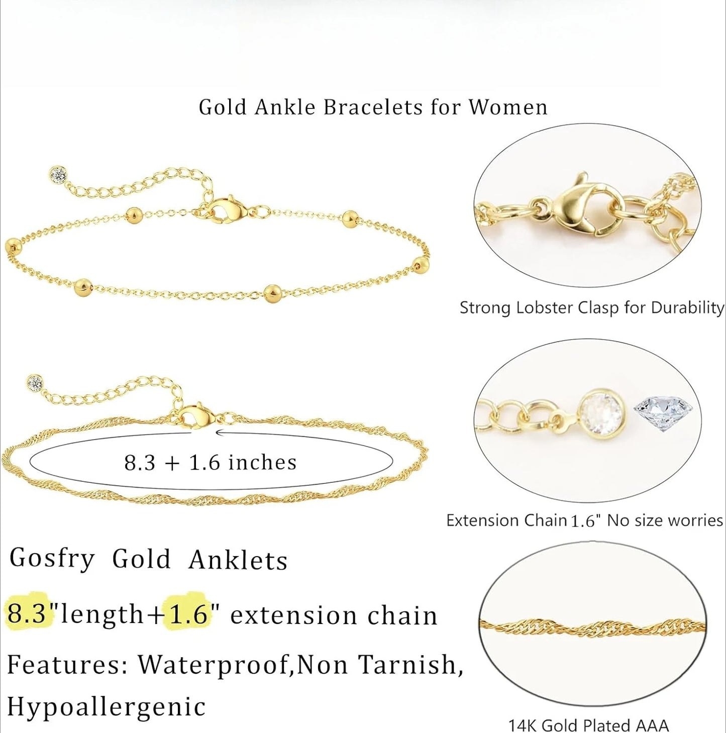 2 PCS 4K Gold Plated Anklets for Women Waterproof Twists Link Anklet Beaded Bracelets Stackable Bracelets Summer Jewelry Gift