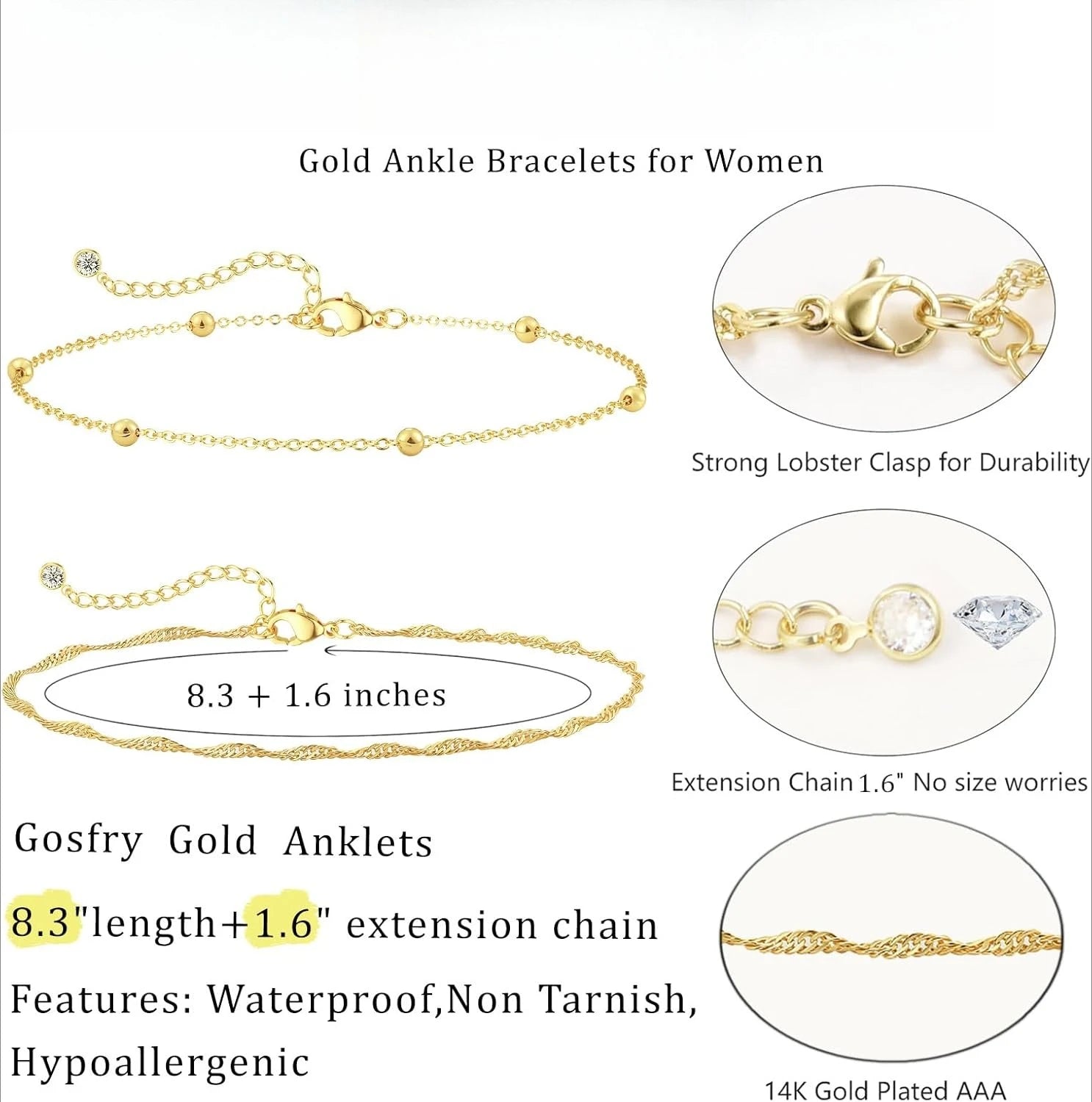 2 PCS 4K Gold Plated Anklets for Women Waterproof Twists Link Anklet Beaded Bracelets Stackable Bracelets Summer Jewelry Gift