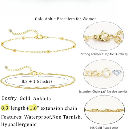 2 PCS 4K Gold Plated Anklets for Women Waterproof Twists Link Anklet Beaded Bracelets Stackable Bracelets Summer Jewelry Gift