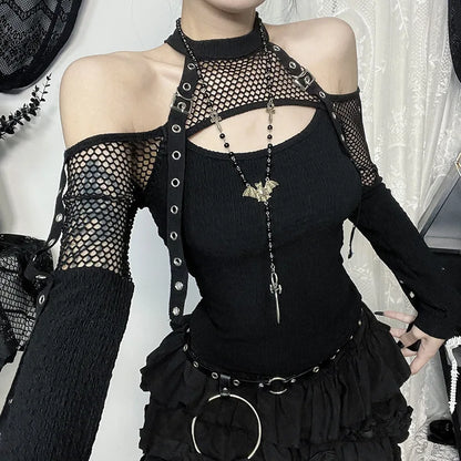 Goth Dark Punk Grunge Fishnet Patchwork Off Shoulder T-shirts Trim Corn Strap Halter Tops Autumn Mall Gothic Streetwear T-shi