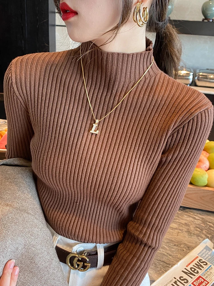 Elegant Solid Basic Knitted Tops Women Turtlneck Sweater Long Sleeve Casual Slim Pullover Korean Fashion Simple Chic Clothes 