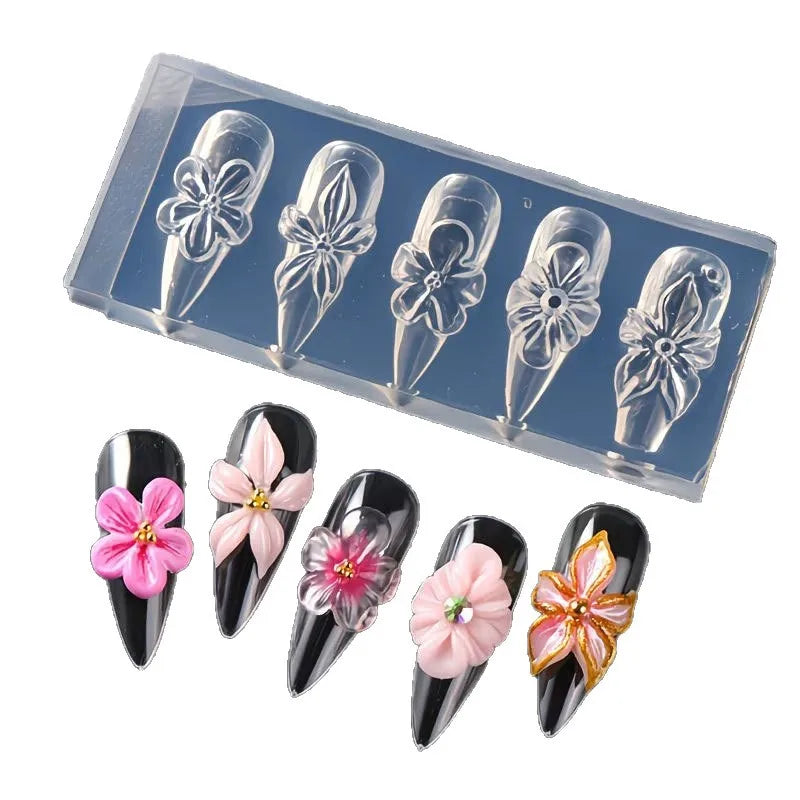 3D Flower Silicone Nail Mold Lily & Hibiscus Petals Carving Template Gel Polish Stencils for Spring Summer Manicure Decor - B