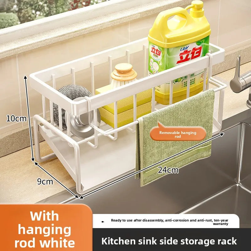 Kitchen Sponge Holder Drain Rack Sink Organizer for Dish Cloth Scrubber Storage with Hanging Hook - WHITE
