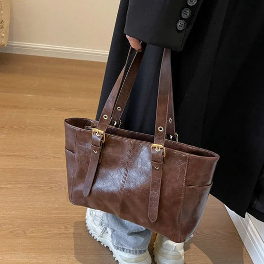 Fashion Retro Women PU Leather Shoulder Bags Trend High End Lady Tote Bag Large Capacity Female's Commuter Bag Handbag Purses