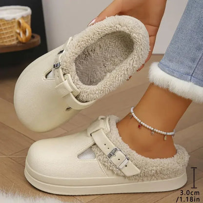 Waterproof Eva Furry Mules Slippers Women 2025 Winter Metal Buckle Warm Plush Slippers Soft Thick Bottom Non Slip Indoor Slid