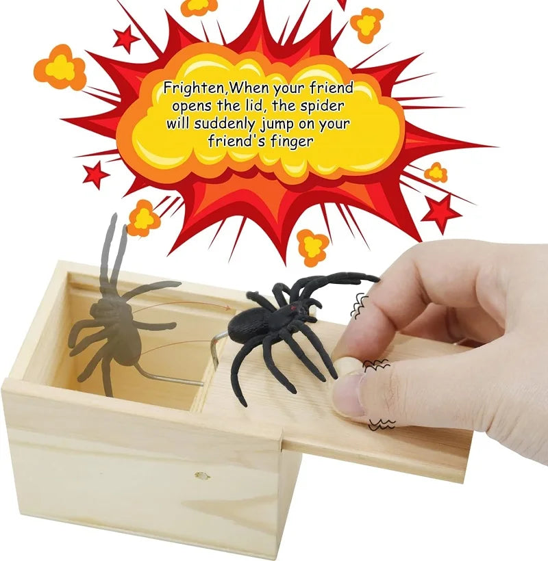 Spider Prank Box Pop Out Rubber Spider Handmade Wood Scare Box Party Game Surprise Joke Funny Trick Toy for Kids Halloween Gi