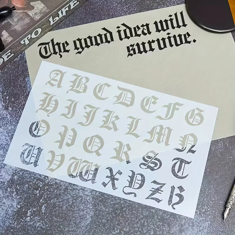 Gothic Calligraphy Stencil, 6-Pack Reusable Old English Letter Number Template for DIY Painting, Craft, Scrapbooking