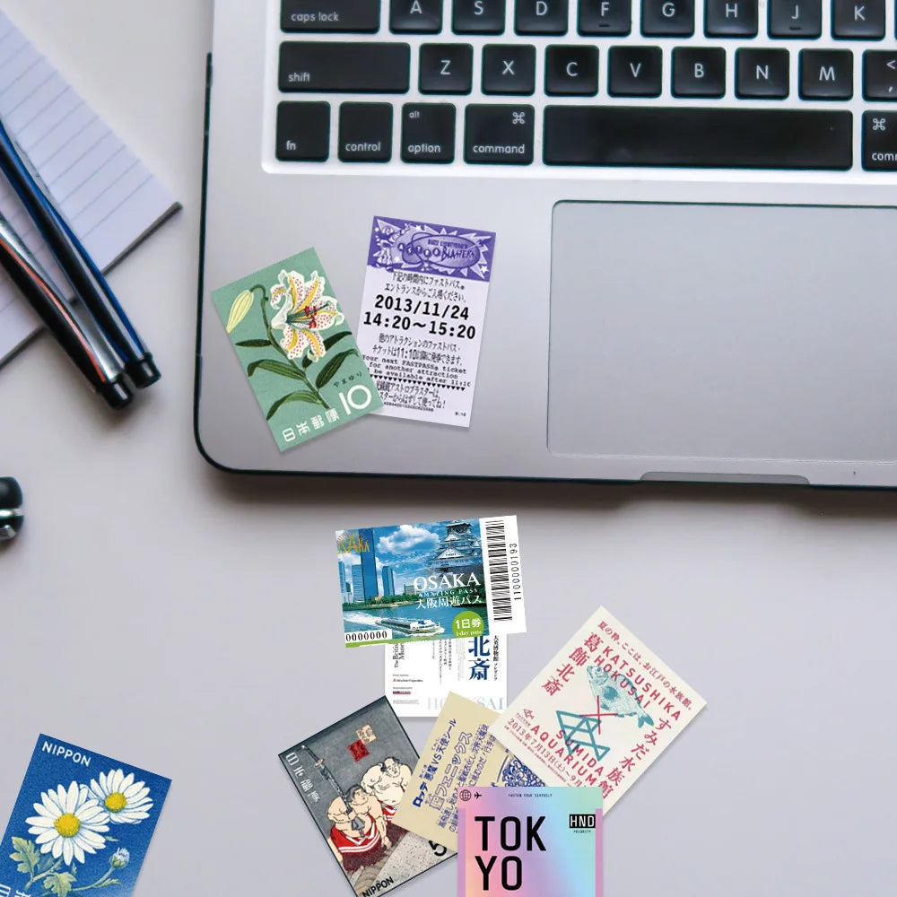 60Pcs INS Style Stamp Sticker Japanese Postcard Ticket Stationery Travel Diary Luggage Waterproof Helmet Stickers