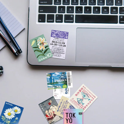 60Pcs INS Style Stamp Sticker Japanese Postcard Ticket Stationery Travel Diary Luggage Waterproof Helmet Stickers