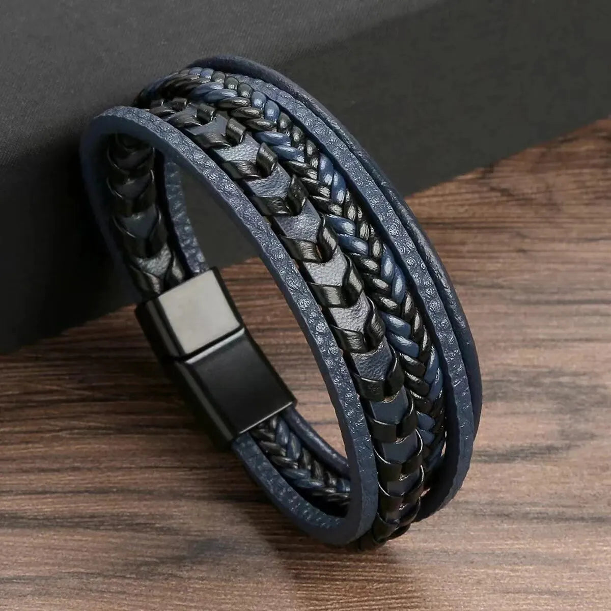 1pc Fashion Accessories MEN'S Multi-layered Vintage Leather Rope Braided Bracelet Alloy Magnetic Buckle Bracelet - Blue