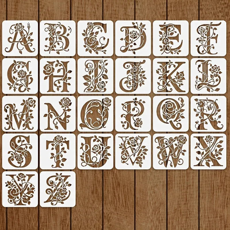 36 Floral Letter Templates Reusable Rose Letter Painting Template Hollowed-Out Graffiti Template Inkjet Printing Mold For Wal