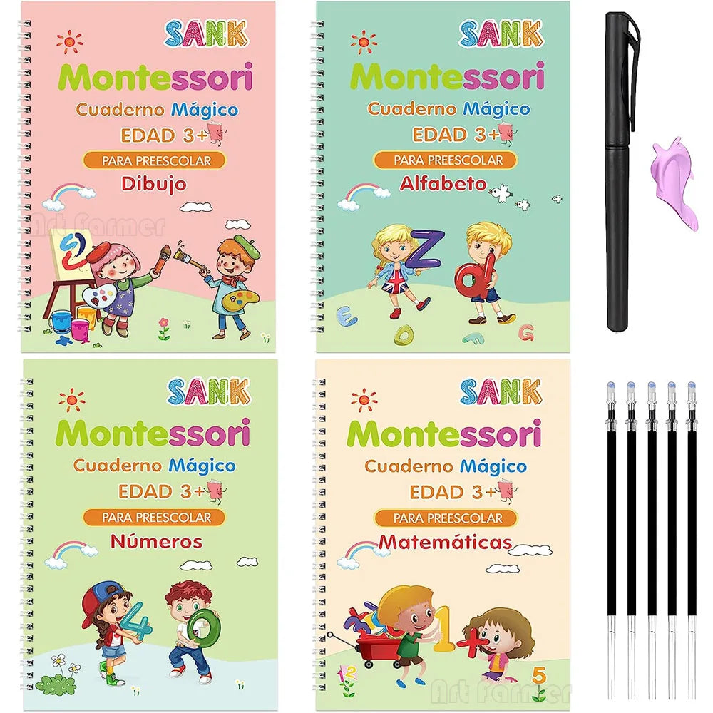 4 Books Magic Writing Book in Spanish Calligraphy Notebook Montessori Kids Reusable Educational Calligraphic Letter Practice 