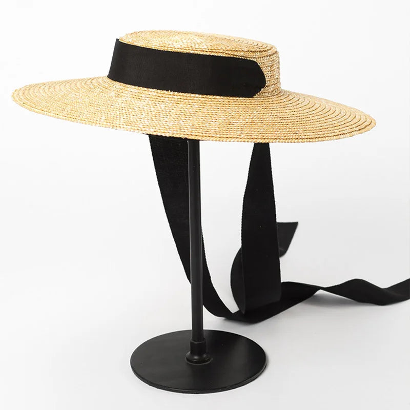 Wide Brim Boater Hat 10cm 15cm Brim Straw Hat Flat Women Summer Kentucky Derby Hat White Black Ribbon Tie Sun Hat Beach Cap -