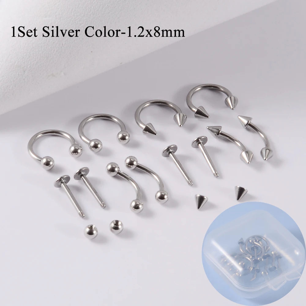 12pcs/Set Surgical Steel Silver Color Gold Plated Black Rainbow Ear Nose Eyebrow Labret Basic Piercing Jewelry Set 8mm - Silv