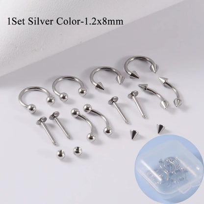 12pcs/Set Surgical Steel Silver Color Gold Plated Black Rainbow Ear Nose Eyebrow Labret Basic Piercing Jewelry Set 8mm - Silv