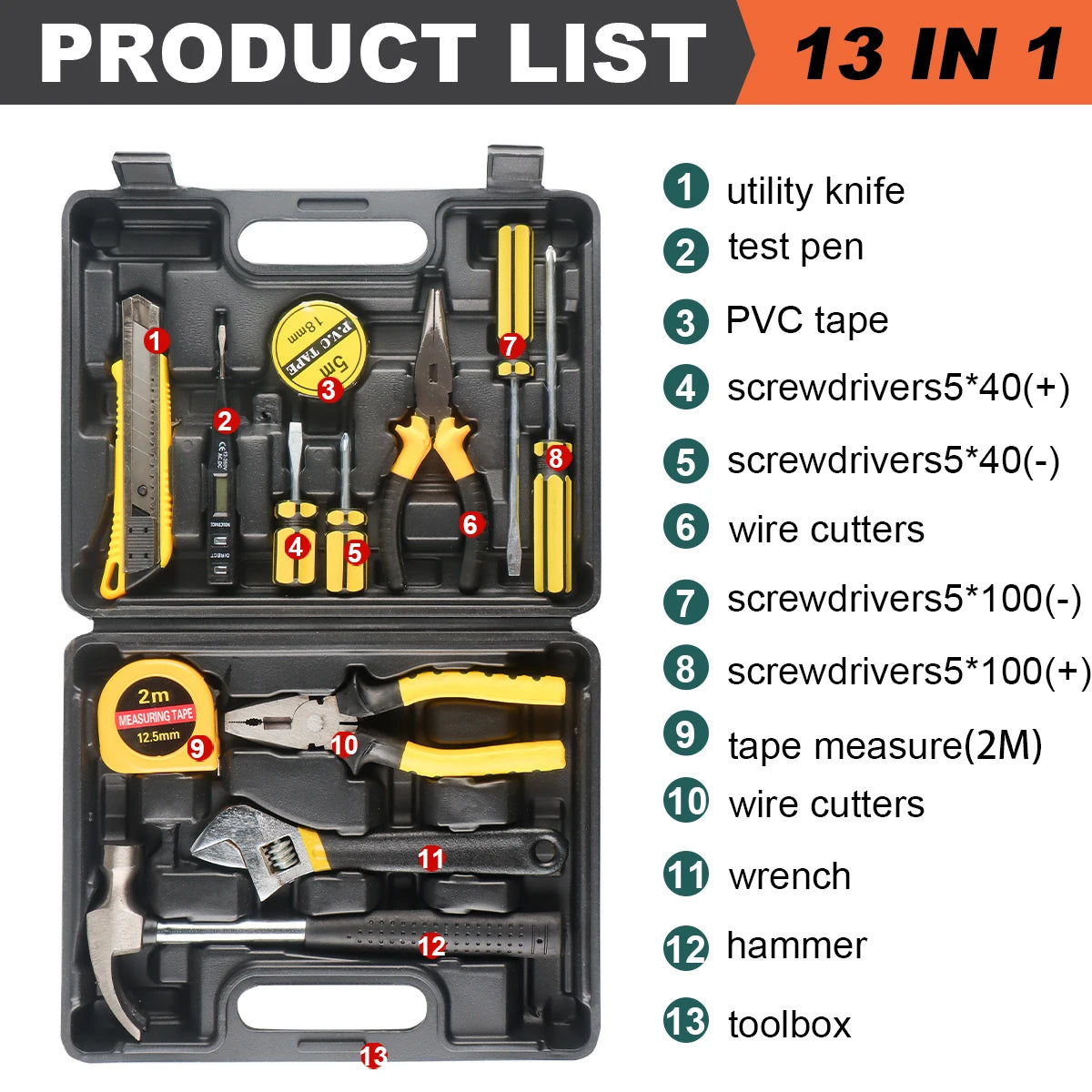 8/9/12/13Piece Tools Set General House hold Hand Tool Kit with Plastic Toolbox Storage Case Used to Car repair And home Repai