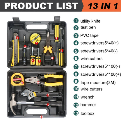 8/9/12/13Piece Tools Set General House hold Hand Tool Kit with Plastic Toolbox Storage Case Used to Car repair And home Repai