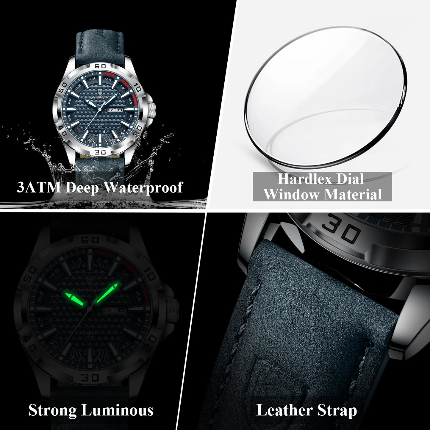 POEDAGAR Original Man Wristwatch Top Luxury Waterproof Luminous Date Week Watch For Men Quartz Sport Leather Men's Watches Re