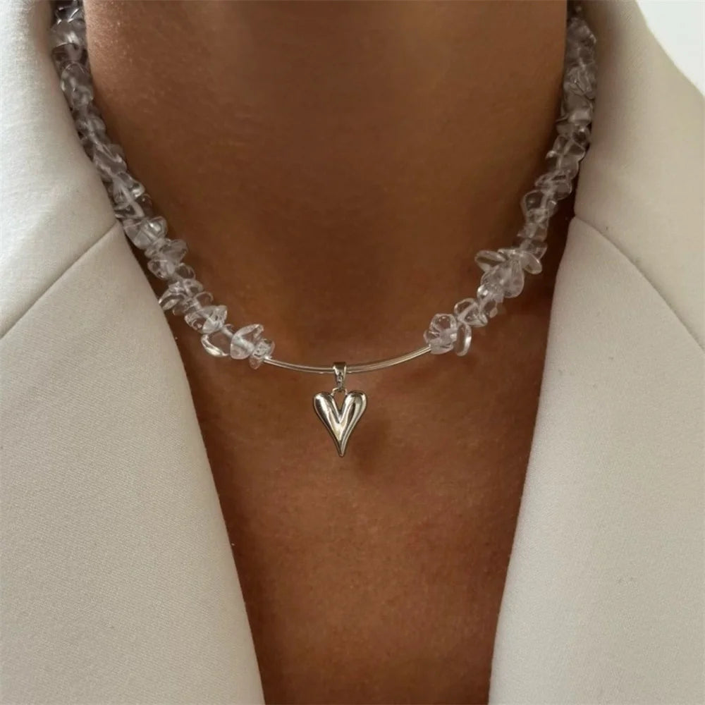 Fashion Vintage Silver Color Geometric Bead Chain Necklace For Women Female Boho Tassel Heart Pendant Jewelry - NES-25919-8