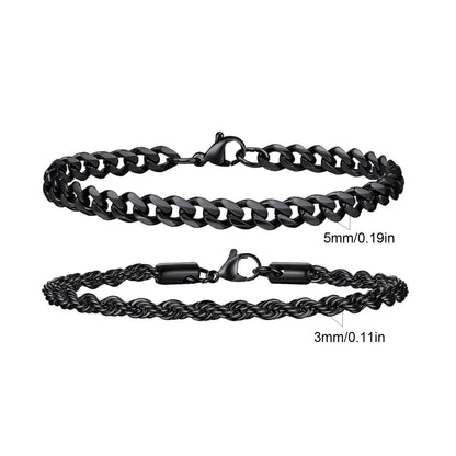 2pcs Men's Chain Bracelets,Stainless Steel Silver Gold Black Color Twist Rope Chain Wristband,Trendy Cuban Link Chains Gift -
