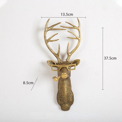 Antique Bronze Resin Animal Pendant Golden Deer Head Wall Storage Hook Up Background Wall Accessories Decorative Figurines