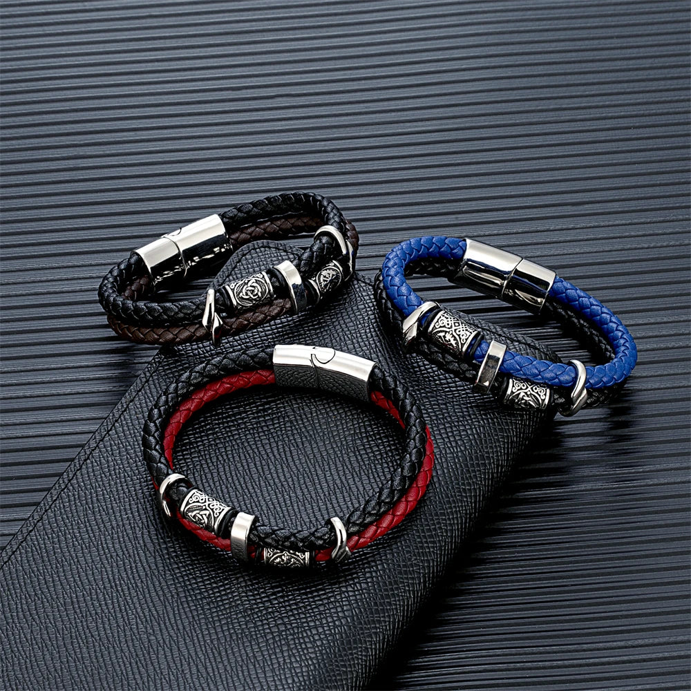 Vintage Vikings Compass Multilayer Genuine Leather Bracelet Men Stainless Steel Norse Runes Valknut Bangle Scandinavian Jewel