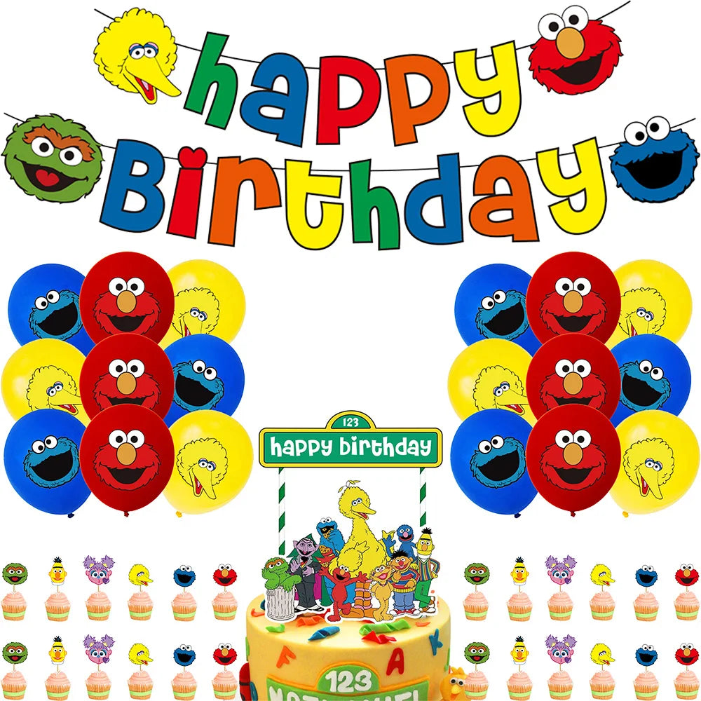 Cartoon Sesames Street Birthday Party Decor Elmo and Friends Theme Tablecloth Plate Balloon Set Cake Decor Baby Shower - 1Set