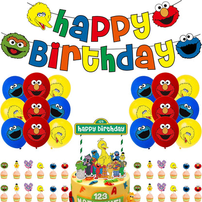 Cartoon Sesames Street Birthday Party Decor Elmo and Friends Theme Tablecloth Plate Balloon Set Cake Decor Baby Shower - 1Set