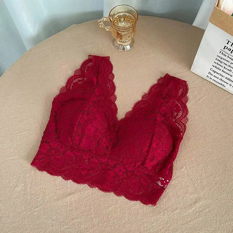 Lace Bras Top Women Deep V Neck Sexy Lingerie Wire Free Bra Tank Tops Female Underwear V Back Bralette Padded Camisole - Red