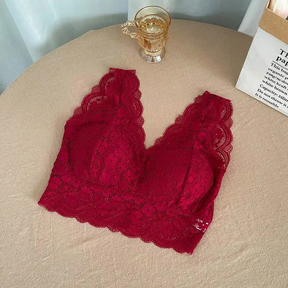 Lace Bras Top Women Deep V Neck Sexy Lingerie Wire Free Bra Tank Tops Female Underwear V Back Bralette Padded Camisole - Red