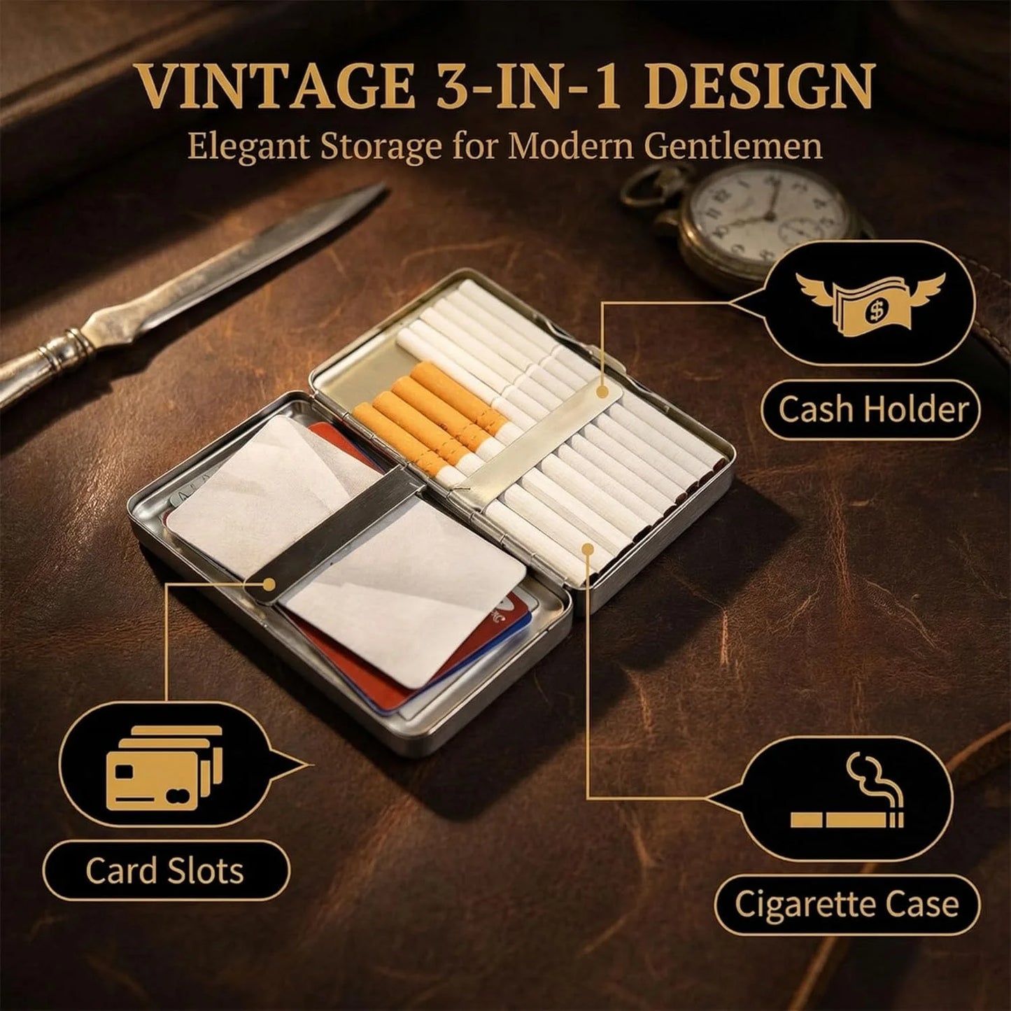 Vintage Style Metal Cigarette Carrying Case Art Deco Design Versatile Card & Cash Case Easy Snap Gift Idea for for Women and 