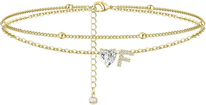 Ankle Bracelets for Women Waterproof 14K Gold Plated CZ Initial Dainty Layered Heart Anklets Foot Chain Summer Beach Jewelry 