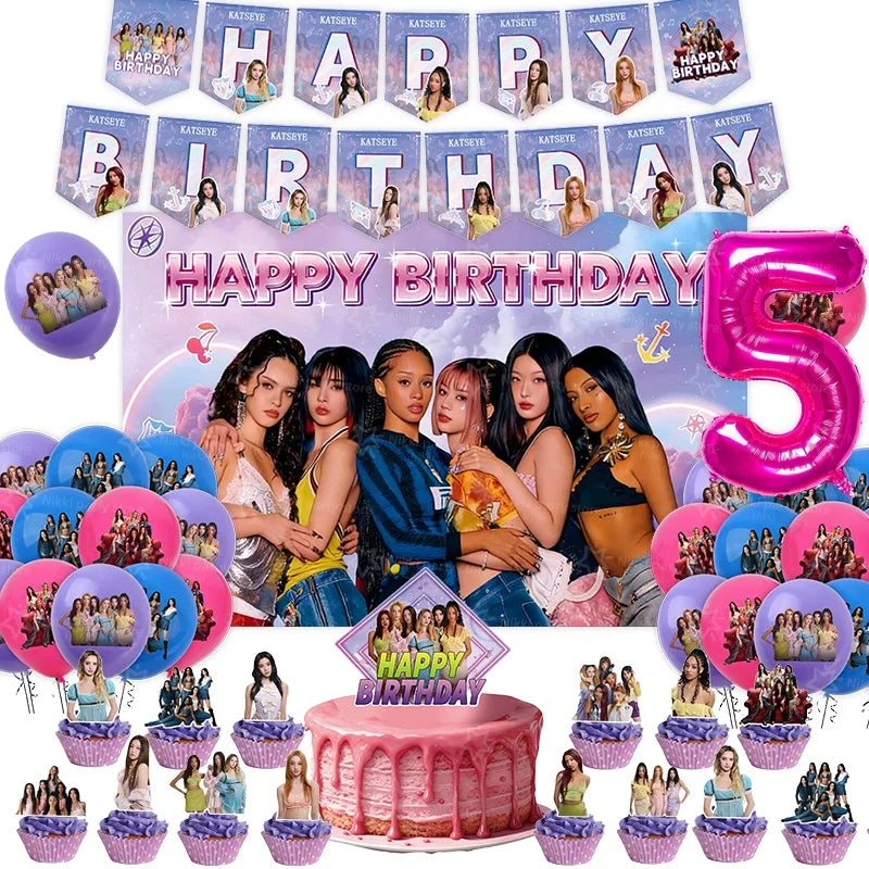 New Katseye Birthday Decoration Superstar Party Favors Stickers Poster Balloons Backdrop Banner Cake Decoration Baby Showe Gi